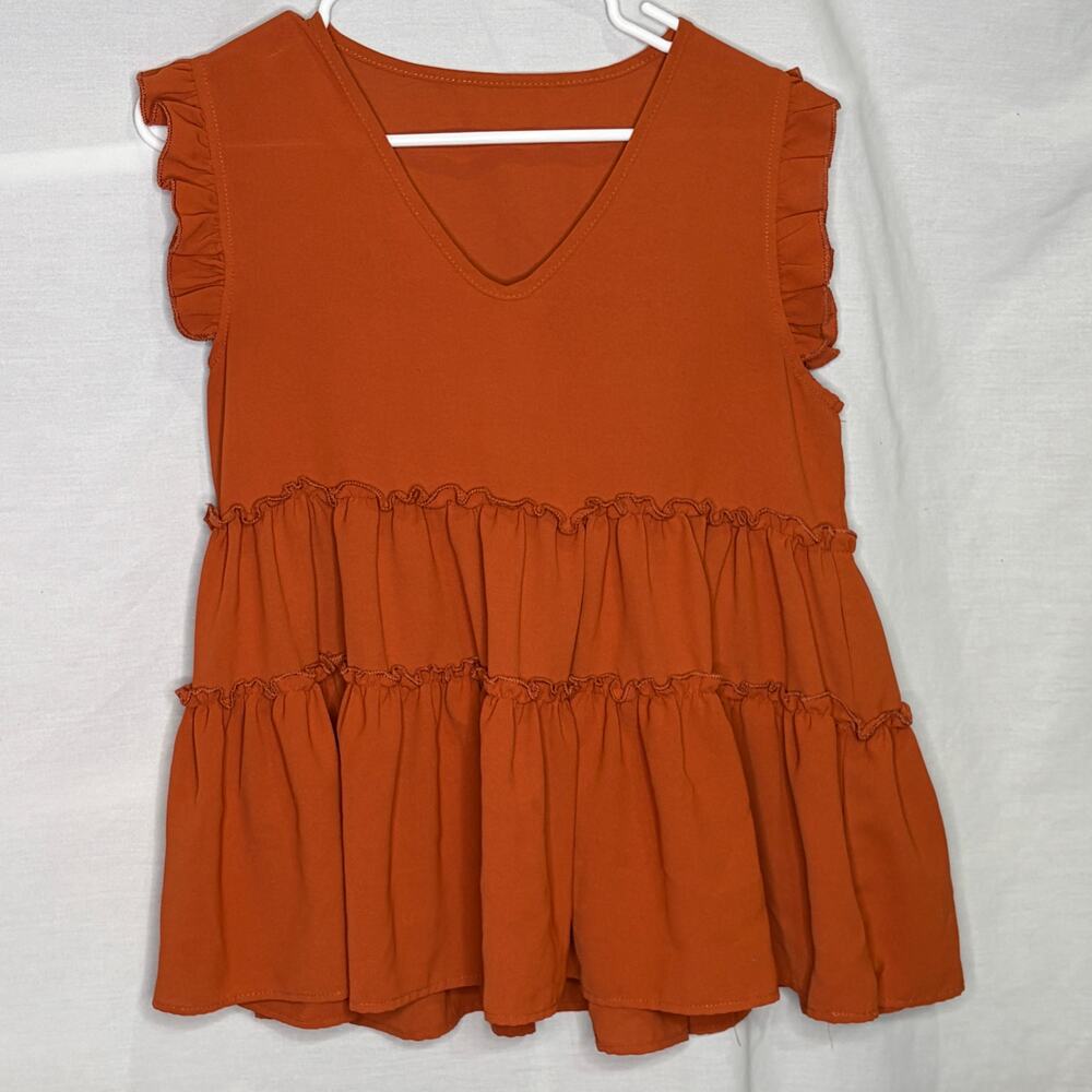 Short Sleeve Pumpkin Spice Orange Ruffle Top Shirt Size M